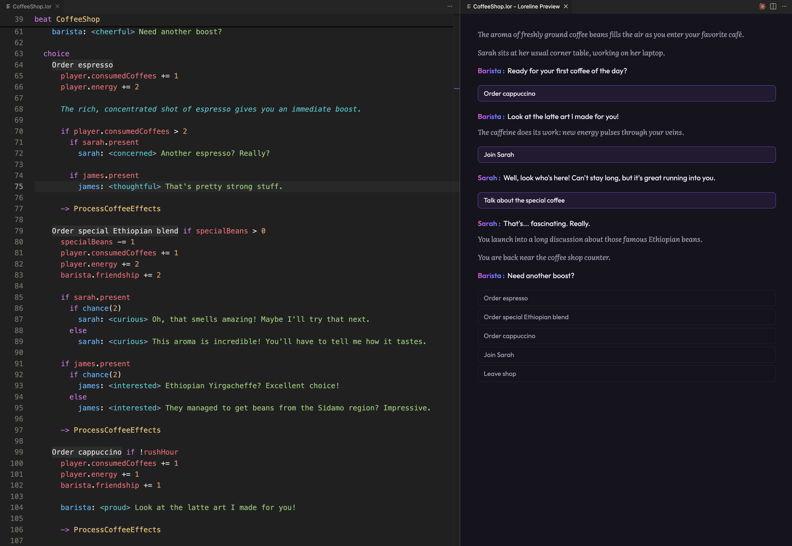 Screenshot of the Loreline extension for VS Code